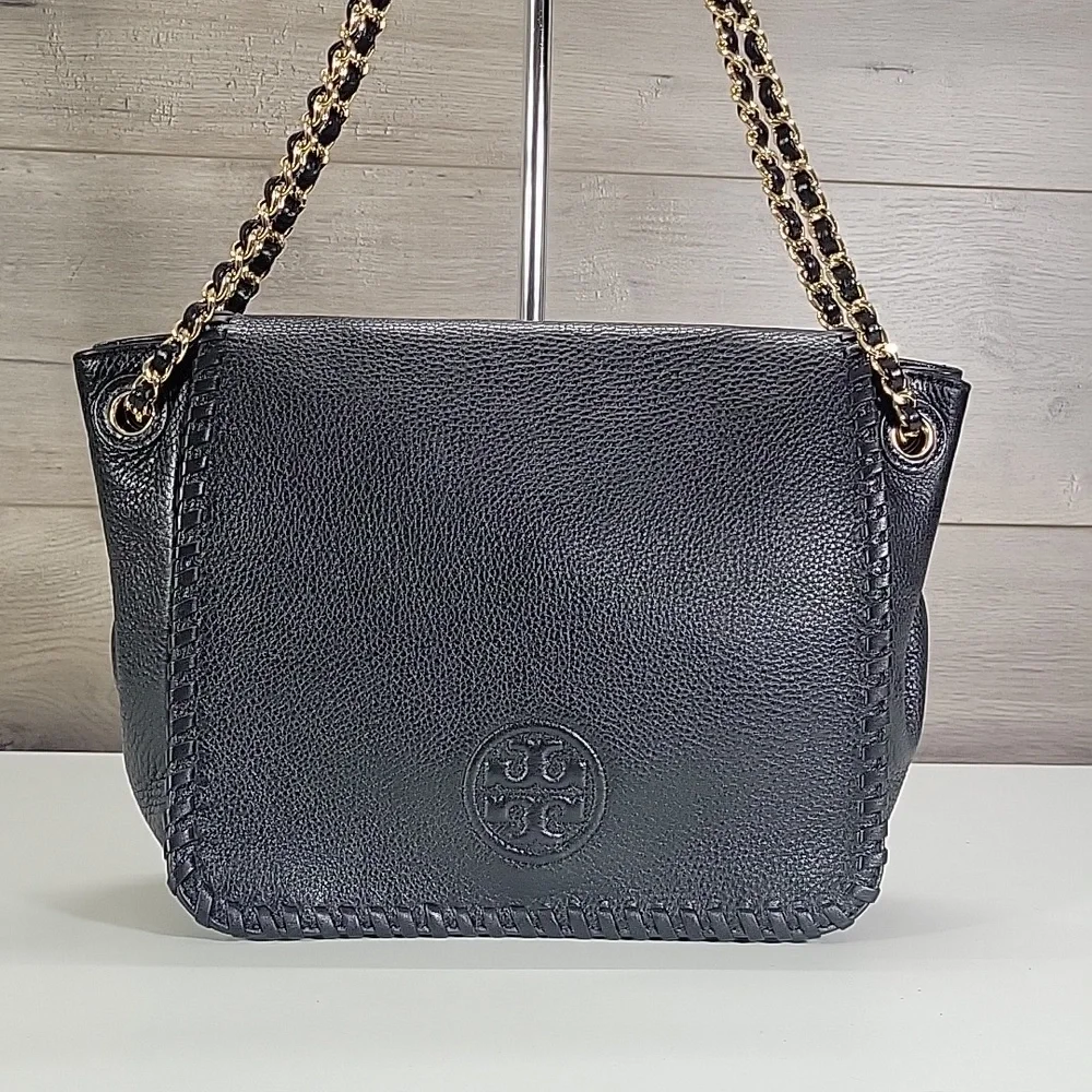 Tory Burch Flap Front Pebble Black Leather Shoulder Bag with Gold Chain-Strap